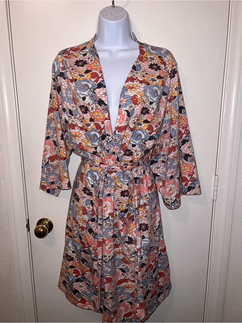 Floral Print Cotton Kimono Robe - Multicolor